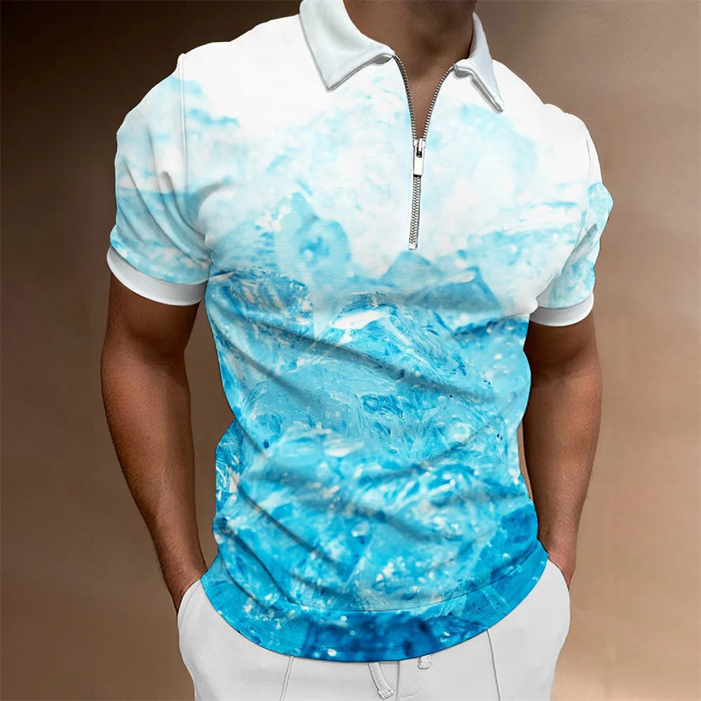 2024 Summer Men's Fashion Polo Shirts - Glacier Pattern Zipper Polo Shirt