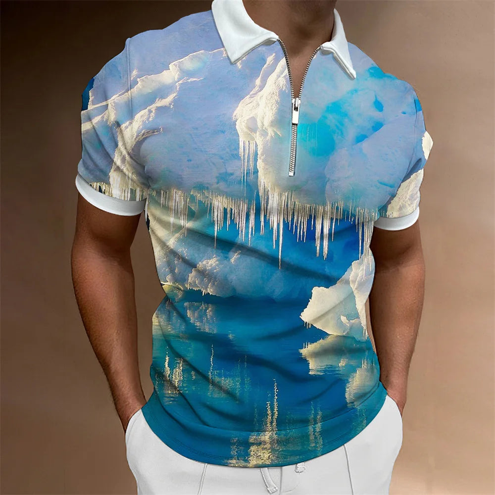 2024 Summer Men's Fashion Polo Shirts - Glacier Pattern Zipper Polo Shirt