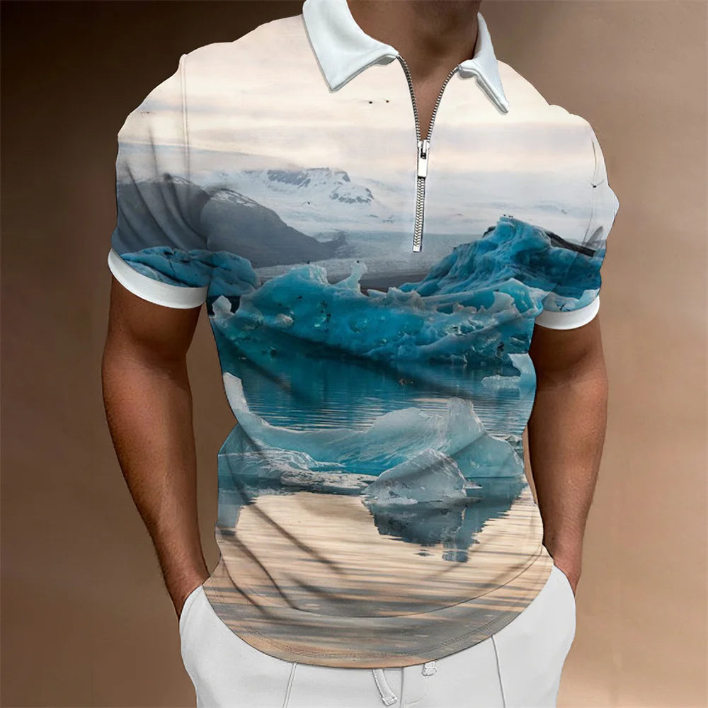 2024 Summer Men's Fashion Polo Shirts - Glacier Pattern Zipper Polo Shirt