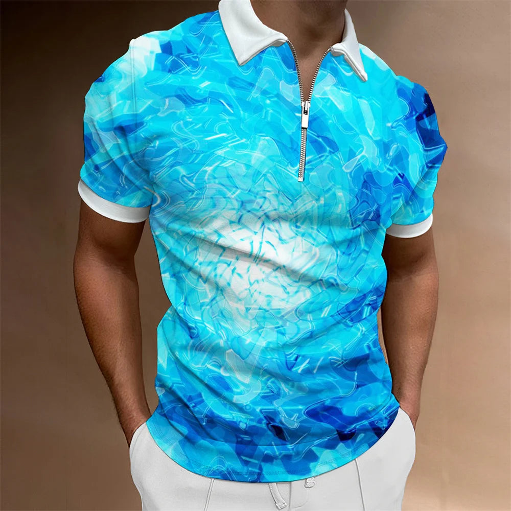 2024 Summer Men's Fashion Polo Shirts - Glacier Pattern Zipper Polo Shirt