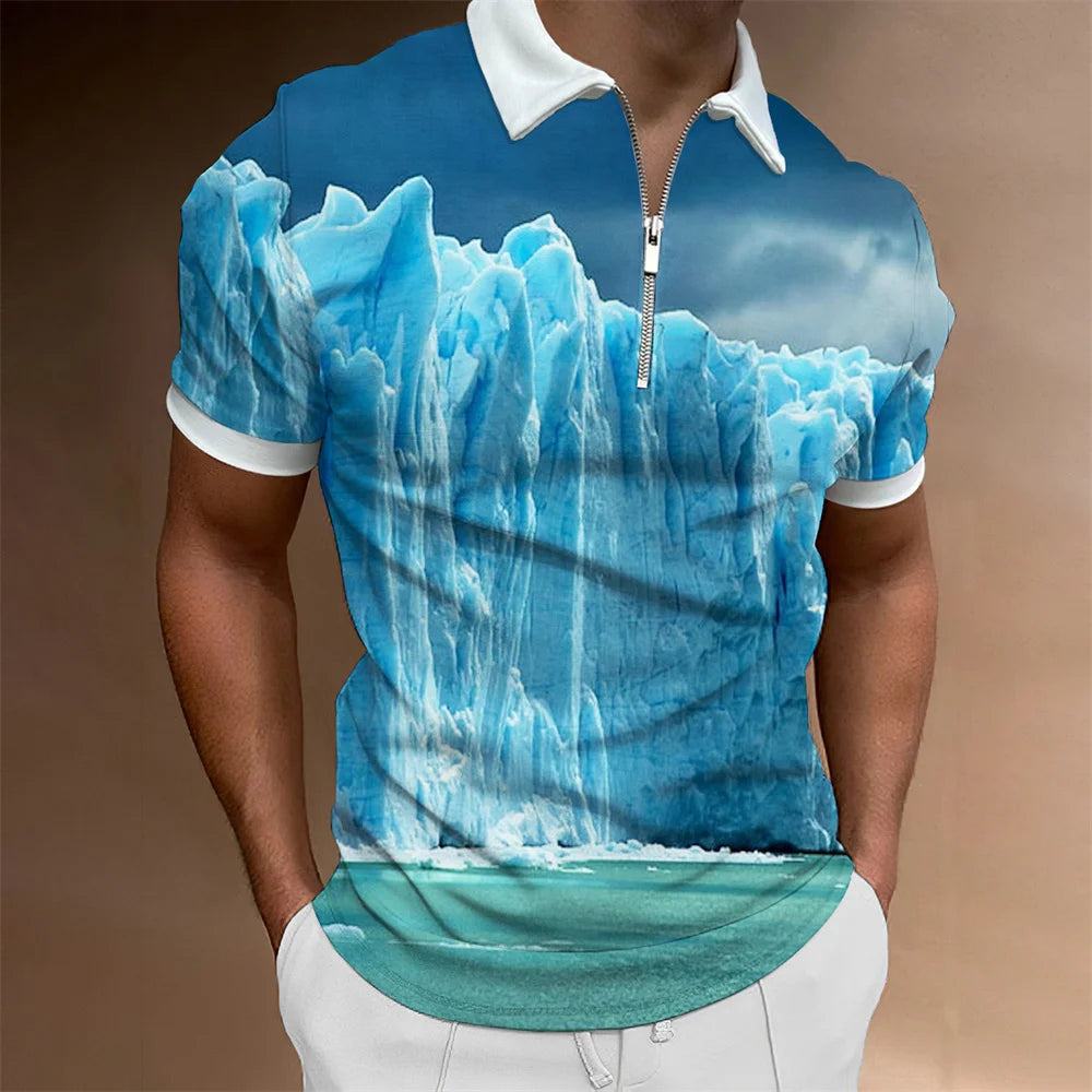 2024 Summer Men's Fashion Polo Shirts - Glacier Pattern Zipper Polo Shirt