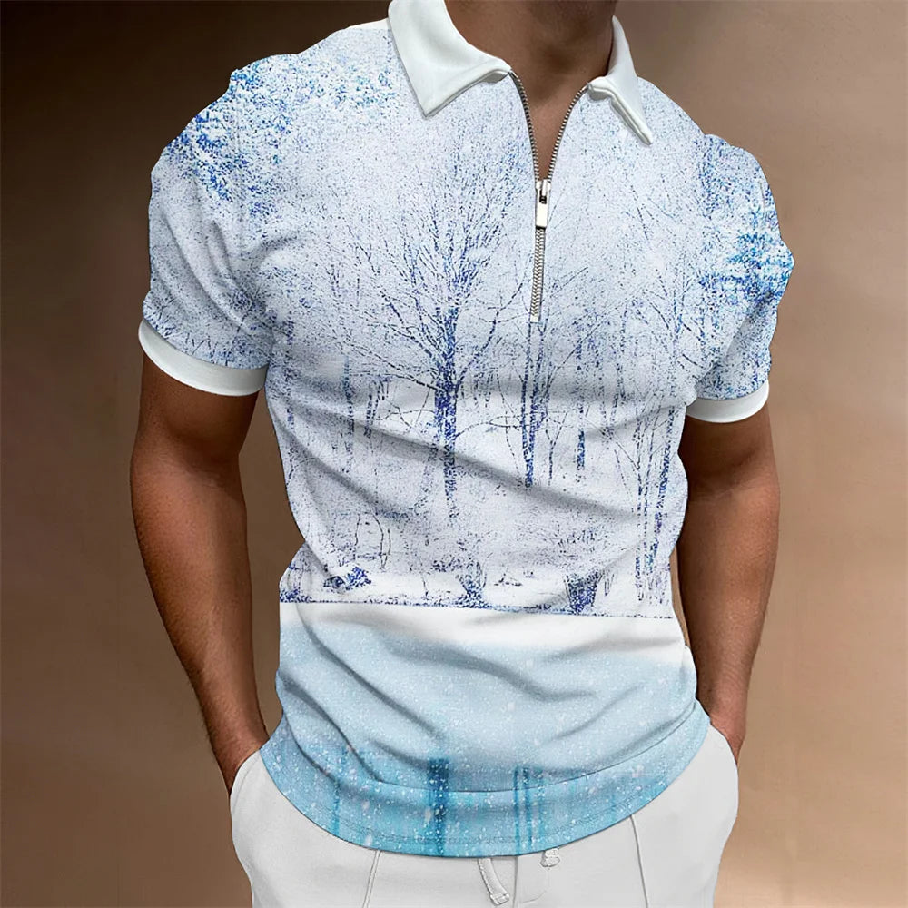 2024 Summer Men's Fashion Polo Shirts - Glacier Pattern Zipper Polo Shirt