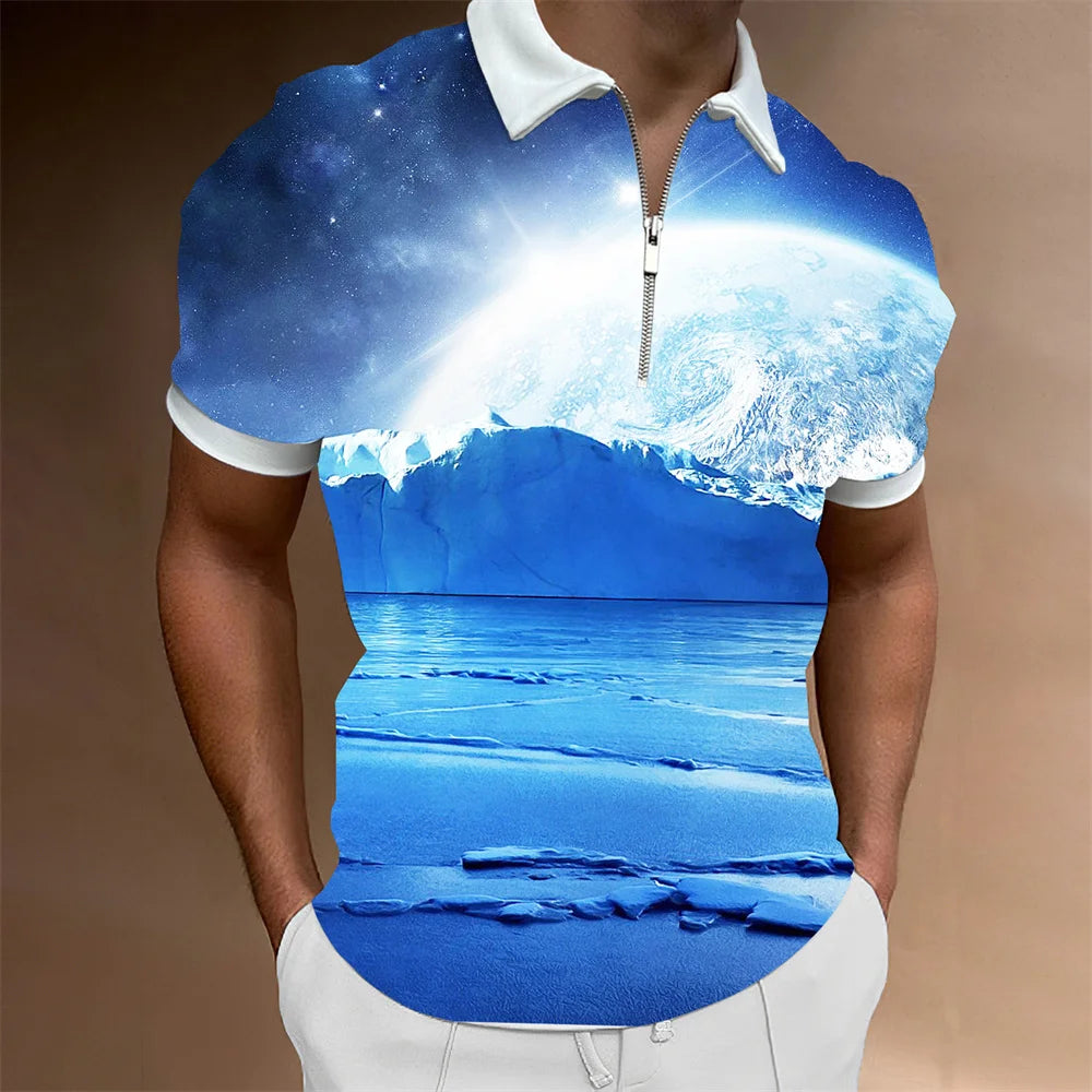 2024 Summer Men's Fashion Polo Shirts - Glacier Pattern Zipper Polo Shirt