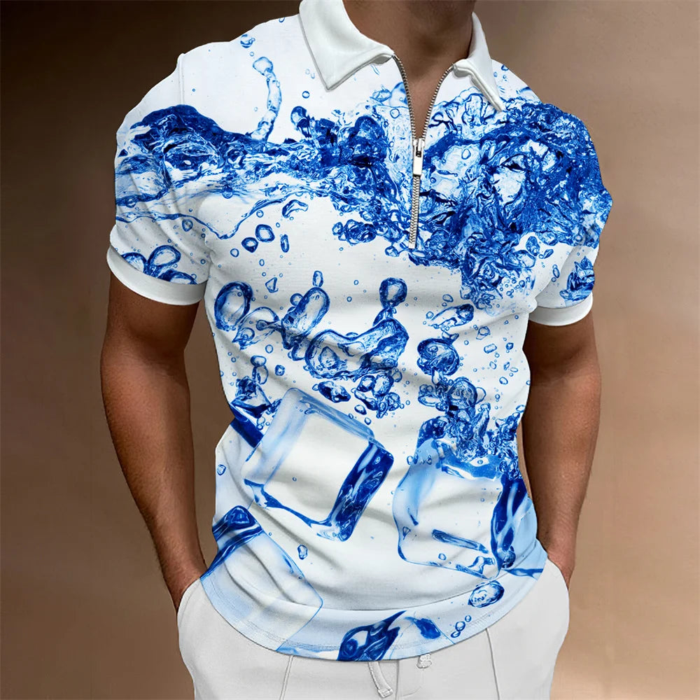 2024 Summer Men's Fashion Polo Shirts - Glacier Pattern Zipper Polo Shirt