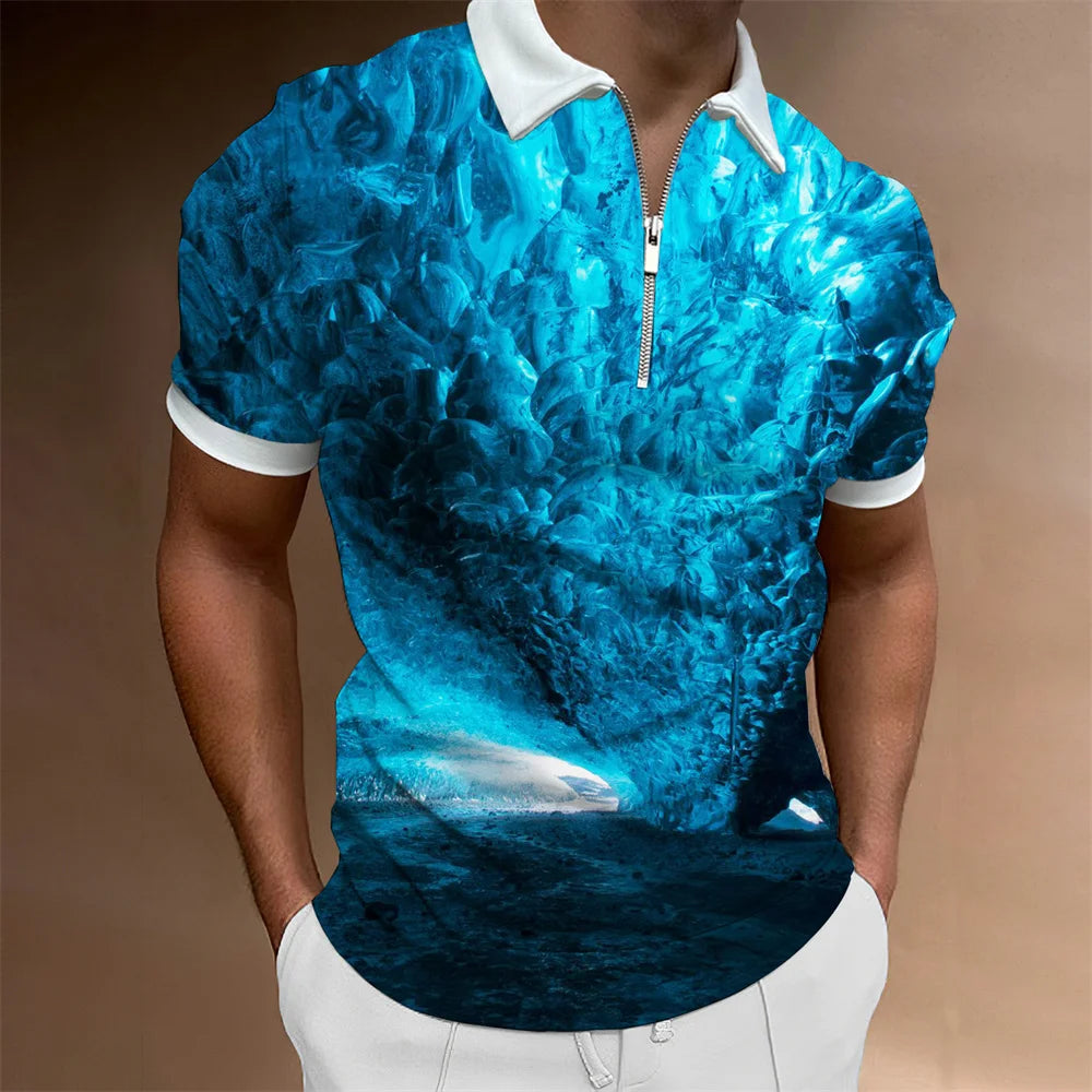 2024 Summer Men's Fashion Polo Shirts - Glacier Pattern Zipper Polo Shirt