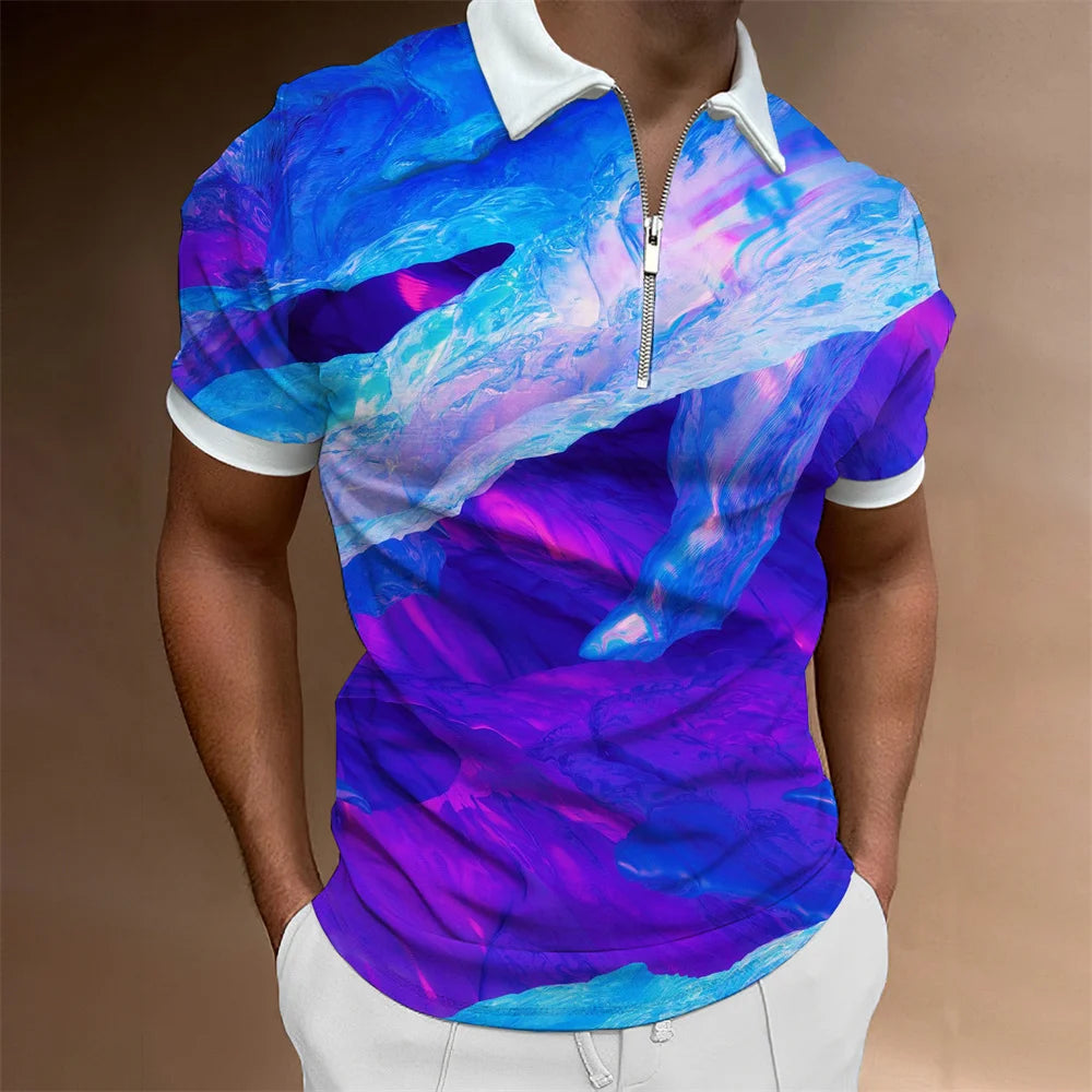 2024 Summer Men's Fashion Polo Shirts - Glacier Pattern Zipper Polo Shirt