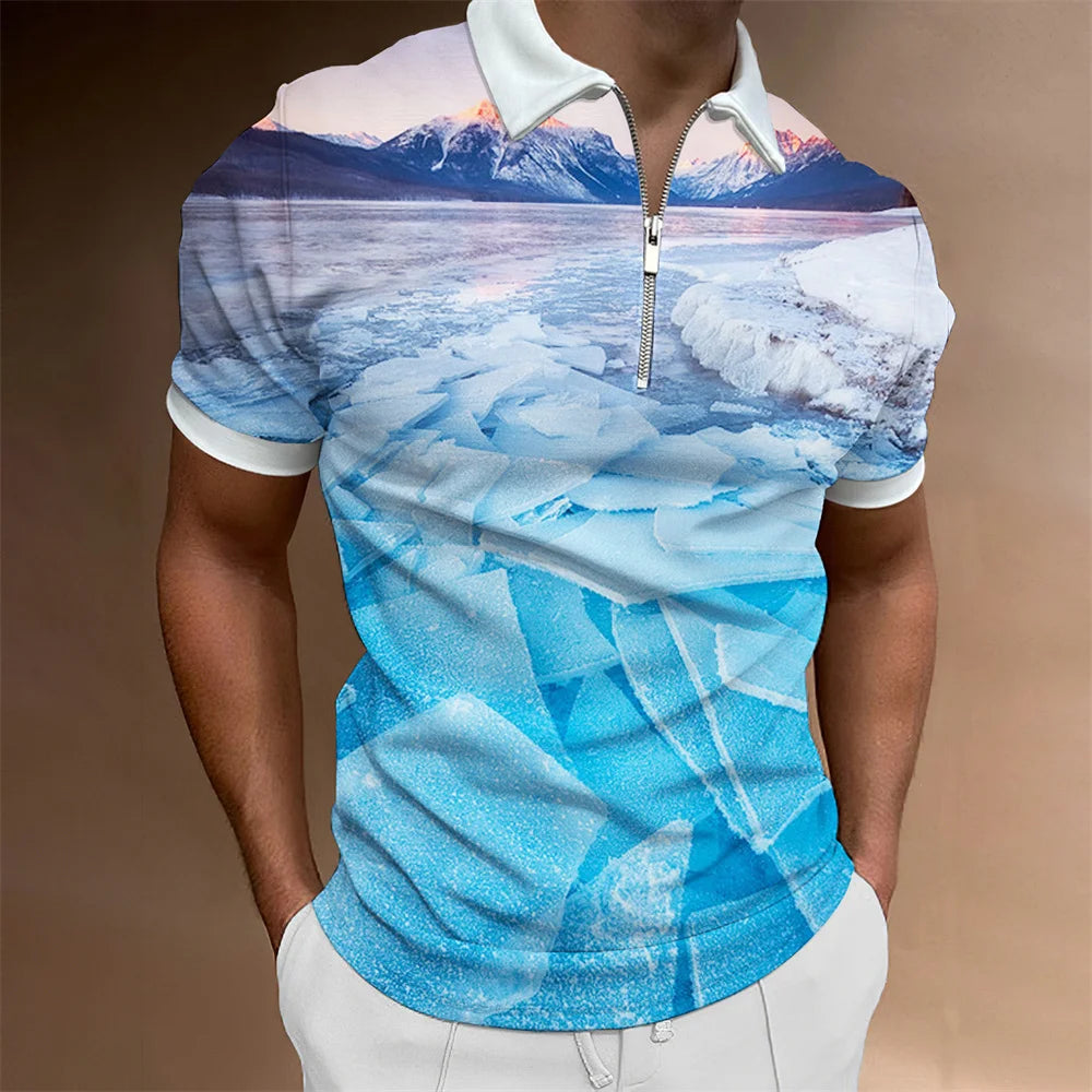 2024 Summer Men's Fashion Polo Shirts - Glacier Pattern Zipper Polo Shirt