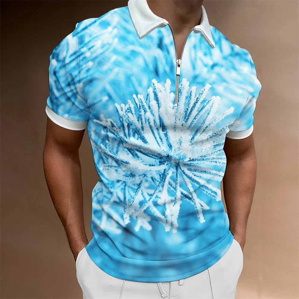 2024 Summer Men's Fashion Polo Shirts - Glacier Pattern Zipper Polo Shirt