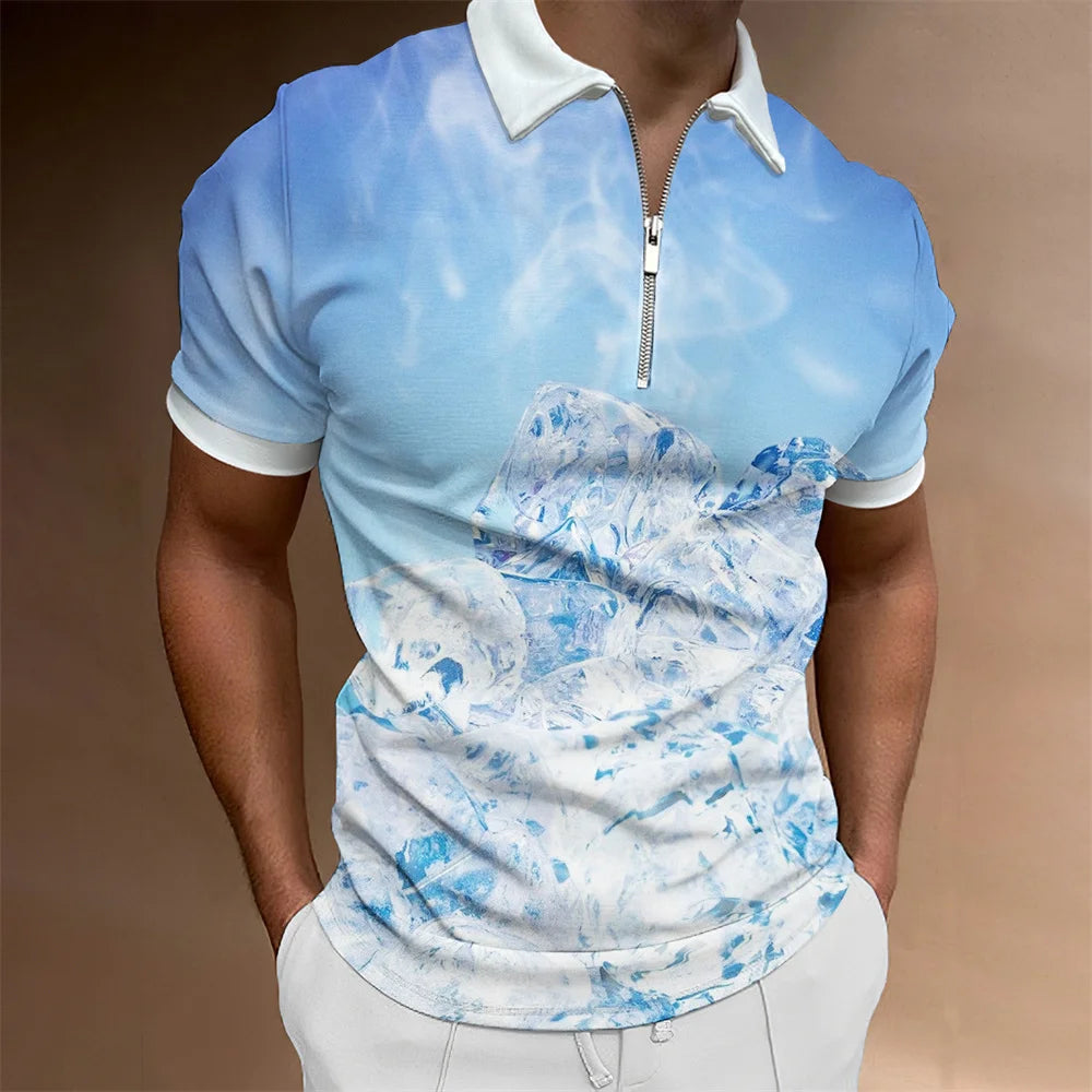 2024 Summer Men's Fashion Polo Shirts - Glacier Pattern Zipper Polo Shirt