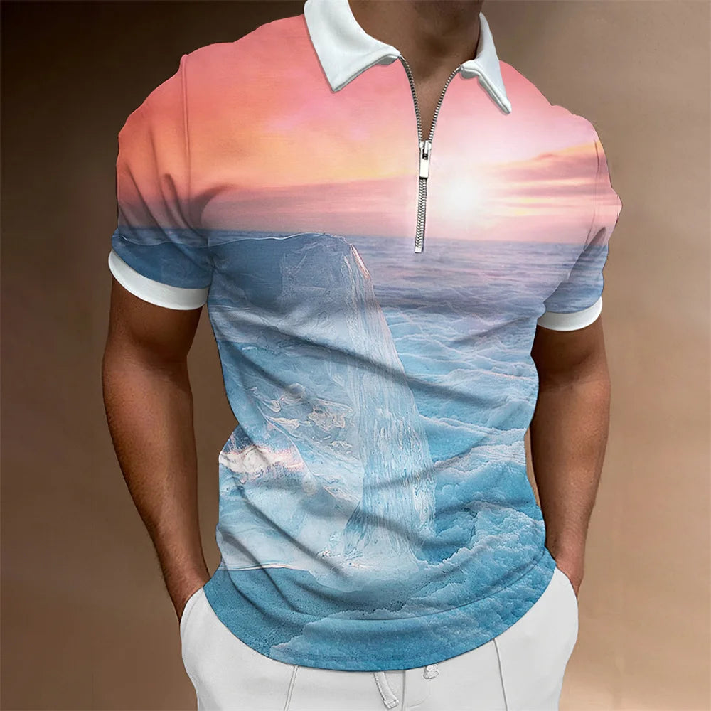 2024 Summer Men's Fashion Polo Shirts - Glacier Pattern Zipper Polo Shirt